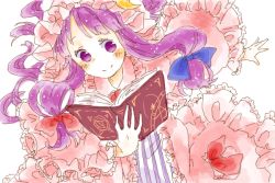 Rule 34 | 1girl, 817nono, bad id, bad pixiv id, blush, book, bow, crescent, female focus, hair bow, hat, holding, long hair, long sleeves, nonomiya (817nono), patchouli knowledge, purple eyes, purple hair, simple background, sketch, smile, solo, touhou, white background