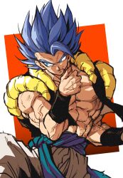 Rule 34 | 1boy, abs, absurdres, blood, blood from mouth, blood on face, blue eyes, blue hair, blue sash, dragon ball, dragon ball super, gogeta, highres, male focus, metamoran vest, muscular, muscular male, open clothes, open vest, pants, pectorals, relio db318, sash, spiked hair, super saiyan, super saiyan blue, veins, vest, white pants