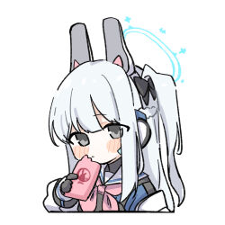 Rule 34 | 1girl, absurdres, animal ears, black gloves, blue archive, blue halo, blue serafuku, blush, braid, cellphone, closed mouth, commentary request, earpiece, fake animal ears, fami miminmin, gloves, grey eyes, grey hair, halo, highres, holding, holding phone, long hair, miyako (blue archive), neckerchief, one side up, phone, pink neckerchief, sailor collar, school uniform, serafuku, simple background, smartphone, solo, upper body, white background, white sailor collar