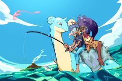 Rule 34 | 1boy, 1girl, aipom, aliasing, alternate color, bad id, bad pixiv id, bare arms, bare legs, bare shoulders, barefoot, blue hair, blue sky, brown eyes, closed mouth, creatures (company), dark-skinned female, dark skin, day, denim, drooling, fisheye, fishing, fishing line, fishing rod, floating, full body, game freak, gen 1 pokemon, gen 2 pokemon, gen 7 pokemon, gym leader, highres, holding, holding fishing rod, iris (pokemon), jeans, lapras, leaning on person, legendary pokemon, liline (liline 01), long hair, looking at another, mew (pokemon), multiple riders, mythical pokemon, nintendo, nose bubble, ocean, on head, open mouth, original, outdoors, pants, pokemon, pokemon (creature), pokemon bw2, pokemon on head, ponytail, purple hair, riding, riding pokemon, shiny pokemon, shirt, short hair, short sleeves, skirt, sky, sleeping, sleeveless, sleeveless shirt, smoke, sunglasses, swimming, tearing up, tongue, tongue out, volcano, water, wide ponytail, wishiwashi, wishiwashi (solo)