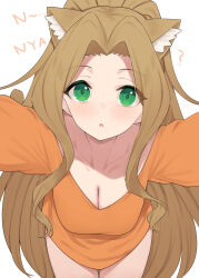 1girl :o ? animal_ears binsen breasts brown_hair cat_ears cat_girl cat_tail cleavage collarbone cowboy_shot curtained_hair dot_nose english_text eyelashes fake_animal_ears fake_tail forehead green_eyes hair_over_breasts hair_over_shoulder highres idolmaster idolmaster_million_live! idolmaster_million_live!_theater_days large_breasts leaning_forward light_blush long_hair looking_at_viewer orange_shirt outstretched_arms reaching reaching_towards_viewer shirt sidelocks simple_background solo tail very_long_hair white_background