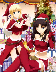 Rule 34 | 2girls, ;d, absurdres, ahoge, alternate costume, artoria pendragon (all), artoria pendragon (fate), belt, bobblehat, box, character doll, christmas, christmas tree, emiya shirou, fate/stay night, fate (series), feet, gift, gift box, hair ribbon, hat, highres, indoors, crossed legs, looking at viewer, midriff, multiple girls, nagamori masato, navel, no shoes, official art, one eye closed, open mouth, over shoulder, parted lips, red legwear, red nose, ribbon, saber (fate), sack, santa costume, santa hat, scan, shorts, sitting, smile, stuffed animal, stuffed toy, thighhighs, toes, tohsaka rin, two side up, wink, zettai ryouiki