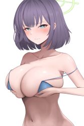 Rule 34 | 1girl, absurdres, bikini, black hair, blue archive, blue bikini, blue eyes, blush, breasts, collarbone, commentary, green halo, halo, highres, huge breasts, navel, poolpool, revision, saki (blue archive), short hair, simple background, solo, swimsuit, upper body