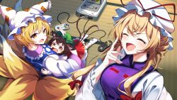 Rule 34 | 3girls, absurdres, animal ear fluff, animal ears, blonde hair, breasts, brown hair, cat ears, cat tail, chen, closed eyes, commission, crying, crying with eyes open, dress, frilled dress, frills, game console, green headwear, hat, highres, long sleeves, looking at viewer, medium breasts, mob cap, multiple girls, multiple tails, nekomata, open mouth, pixiv commission, red skirt, red vest, shirt, short hair, sidelocks, skirt, super famicom, super famicom gamepad, tabard, tail, tatami, tears, touhou, two tails, vest, white dress, white headwear, white shirt, yakumo ran, yakumo yukari, yamanakaume, yellow eyes