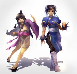 Rule 34 | 2girls, ace attorney, bad id, bad pixiv id, black hair, black legwear, blunt bangs, boots, bracelet, breasts, brown eyes, brown hair, bun cover, capcom, china dress, chinese clothes, chun-li, clenched hand, company connection, crossed legs, crossover, double bun, dress, fighting stance, full body, geta, gradient background, hair bun, highres, japanese clothes, jewelry, kimono, knee boots, lace, lace-trimmed panties, lace trim, matcho, maya fey, multiple girls, no socks, obi, panties, pantyhose, pelvic curtain, purple eyes, sandals, sash, short kimono, spiked bracelet, spikes, street fighter, thick thighs, thighs, underwear