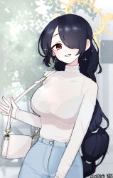 Rule 34 | 1girl, alternate costume, bag, black hair, blue archive, blush, bra, breasts, casual, denim, earrings, hair over one eye, halo, highres, hinata (blue archive), jeans, jewelry, large breasts, long hair, long sleeves, looking at viewer, matlink, pants, red eyes, see-through, solo, sparkle, sweater, turtleneck, turtleneck sweater, underwear, very long hair, white sweater