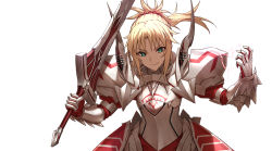 Rule 34 | 1girl, armor, blonde hair, clarent (fate), commentary, famepeera, fate/apocrypha, fate (series), green eyes, long hair, mordred (fate), mordred (fate/apocrypha), ponytail, smile, solo, sword, weapon