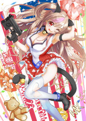 Rule 34 | 1girl, ;q, absurdres, american flag, armpits, bell, black choker, black gloves, boots, breasts, brown hair, cat tail, choker, cleavage, clothing cutout, commentary request, dress, fang, fingerless gloves, foot out of frame, frilled dress, frills, girls&#039; frontline, gloves, gun, h&amp;k mark 23, handgun, heart, heart cutout, highres, holding, holding gun, holding pom poms, holding weapon, kotoba suzu, large breasts, looking at viewer, mk23 (girls&#039; frontline), multicolored hair, neck bell, one eye closed, panties, pink hair, pink panties, pom pom (cheerleading), pom poms, red eyes, sleeveless, sleeveless dress, smile, solo, streaked hair, stuffed animal, stuffed toy, tail, tail bell, tail ornament, teddy bear, thighhighs, tongue, tongue out, trigger discipline, twintails, underwear, weapon, white thighhighs