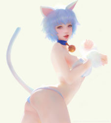 Rule 34 | 1girl, animal ears, arms up, artist name, artstation username, ass, bell, neck bell, blue collar, blue eyes, bra, breasts, cat ears, cat tail, collar, commentary request, copyright request, cowboy shot, eyelashes, face, from side, large breasts, lips, looking at viewer, nose, panties, parted lips, paw pose, pink eyes, ruoxin zhang, short hair, simple background, solo, tail, underwear, watermark, web address, white background, white bra, white panties