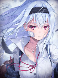 Rule 34 | 1girl, bandaid, black gloves, black hairband, black jacket, buttons, character name, closed mouth, collared shirt, commentary, expressionless, feathers, floating hair, gauze, girls&#039; frontline, gloves, hair between eyes, hairband, highres, jacket, long hair, long sleeves, looking at viewer, neck ribbon, off shoulder, pot-palm, red eyes, red ribbon, ribbon, scar, scar on neck, shirt, sidelocks, snow, solo, thunder (girls&#039; frontline), very long hair, white shirt, wind