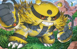 Rule 34 | blue sky, claws, clenched hands, commentary, creature, creatures (company), day, electivire, electricity, english commentary, full body, game freak, gen 4 pokemon, grass, koizumi tetsuya, looking at viewer, nintendo, no humans, official art, outdoors, pokemon, pokemon (creature), pokemon tcg, rock, sky, solo, standing, third-party source