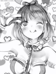 Rule 34 | 1girl, :p, bad id, bad pixiv id, bare shoulders, bow, bowtie, breasts, copyright request, detached collar, greyscale, hair bow, hairband, hand up, heart, heart background, highres, large breasts, looking at viewer, monochrome, nanashi (nlo), one eye closed, short hair, smile, solo, tongue, tongue out, upper body, v