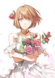 Rule 34 | 1girl, bad id, bad pixiv id, brown hair, collarbone, cropped arms, ddaomphyo, dress, flower, hair flower, hair ornament, highres, holding, holding flower, jewelry, looking at viewer, necklace, original, parted lips, pink eyes, pink flower, pink rose, rose, short hair, simple background, sleeveless, sleeveless dress, solo, standing, sundress, white background, white dress