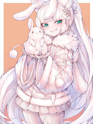 Rule 34 | 1girl, :d, andou inari, andou inari official, animal, animal ear fluff, animal ears, chinese zodiac, fake animal ears, fang, fur-trimmed jacket, fur trim, hair ornament, highres, holding, holding animal, jacket, kupa (jesterwii), long hair, long sleeves, looking at viewer, nijisanji, open mouth, orange background, pleated skirt, rabbit, rabbit ears, skin fang, skirt, smile, solo, standing, tail, two-tone background, very long hair, virtual youtuber, virtuareal, white background, year of the rabbit