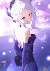 Rule 34 | 1girl, bare shoulders, blue archive, deca purio, dress, elbow gloves, gloves, highres, hina (blue archive), hina (dress) (blue archive), looking at viewer, medium hair, purple dress, purple eyes, smile, solo, white hair