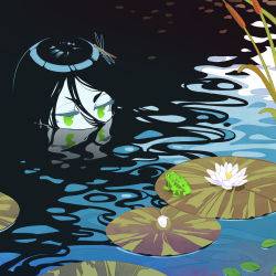 Rule 34 | 1girl, black hair, bug, commentary, dragonfly, english commentary, eye contact, flower, frog, frown, green eyes, half-closed eyes, halphelt, highres, insect, insect on head, lily pad, long hair, looking at another, lotus, original, partially submerged, reeds, solo, very long hair, water