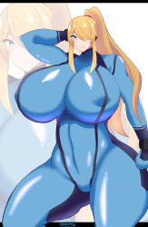 Rule 34 | 1girl, 46ayamahi, absurdres, blonde hair, blue bodysuit, blue eyes, blush, bodysuit, breasts, curvy, gigantic breasts, hair over one eye, highres, huge breasts, long hair, metroid, mole, mole under mouth, nintendo, ponytail, samus aran, skin tight, solo, thick thighs, thighs, white background, wide hips, zero suit, zoom layer