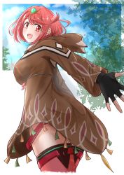 Rule 34 | 1girl, disguised pyra (xenoblade), earrings, fingerless gloves, gloves, highres, jewelry, pyra (xenoblade), red eyes, red hair, red shorts, shikamax2, short hair, short shorts, shorts, solo, swept bangs, xenoblade chronicles (series), xenoblade chronicles 2