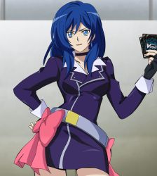 Rule 34 | 1girl, blue eyes, blue hair, card, cardfight!! vanguard, choker, earrings, female focus, fingerless gloves, formal, gloves, hand on own hip, highres, jewelry, miniskirt, narumi asaka, pencil skirt, ribbon, screencap, skirt, skirt suit, solo, standing, stitched, suit, tagme, third-party edit