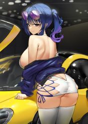 Rule 34 | 1girl, absurdres, ahoge, ass, azur lane, back, bare shoulders, blue hair, blush, breasts, butt crack, closed mouth, eyewear on head, from behind, hair between breasts, highres, large breasts, long hair, looking at viewer, looking back, mixed-language commentary, off-shoulder jacket, off shoulder, purple eyes, race queen, revision, side ponytail, sidelocks, skindentation, smile, st. louis (azur lane), thighhighs, thighs, urrrt, white thighhighs