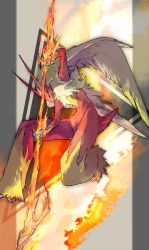 Rule 34 | absurdres, arm up, blaziken, blue eyes, blurry, claws, colored sclera, commentary request, creatures (company), fire, flaming weapon, furry, game freak, gen 3 pokemon, highres, holding, looking down, nigiri (ngr24), nintendo, pokemon, pokemon (creature), solo, yellow fur, yellow sclera