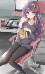 Rule 34 | 1girl, aged up, alternate costume, bag, black pantyhose, blunt bangs, blush, breasts, chair, chips (food), closed mouth, cola, collarbone, commentary request, computer, contemporary, crescent, crescent hair ornament, desk, drawer, drawing tablet, food, hair ornament, highres, holding, holding bag, holding food, keyboard (computer), large breasts, long hair, looking at viewer, monitor, namiki (remiter00), no headwear, pantyhose, partial commentary, patchouli knowledge, purple eyes, purple hair, purple shirt, shirt, sitting, solo, stylus, touhou, very long hair, wavy mouth