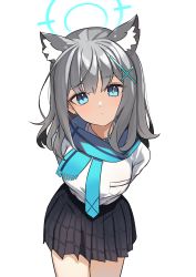 Rule 34 | 1girl, animal ear fluff, animal ears, arms behind back, black skirt, blue archive, blue eyes, blue necktie, blue scarf, closed mouth, commentary request, fringe trim, grey hair, hair between eyes, halo, highres, leaning forward, long hair, looking at viewer, nanana narang, necktie, pleated skirt, scarf, shiroko (blue archive), shirt, simple background, skirt, solo, white background, white shirt