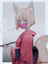 Rule 34 | 1girl, absurdres, animal ears, blonde hair, bob cut, colored sclera, commentary, cyberpunk (series), cyberpunk edgerunners, cyborg, fox ears, fox girl, fox tail, highres, holding, holding smoking pipe, japanese clothes, kemonomimi mode, kimono, kiseru, kiwi (cyberpunk), looking at viewer, mask, mouth mask, noah (tettsui-sole), obi, red eyes, red kimono, sash, short hair, smoke, smoking, smoking pipe, solo, symbol-only commentary, tail, twitter username, upper body, yellow sclera