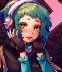Rule 34 | 1girl, aqua hair, black gloves, black jacket, brown eyes, buttons, commentary, english commentary, fingerless gloves, gloves, headphones, highres, jacket, lips, long sleeves, looking at viewer, official alternate costume, open mouth, persona, persona 3, persona 3 reload, pink lips, short hair, smile, solo, takanoezz, teeth, upper teeth only, yamagishi fuuka
