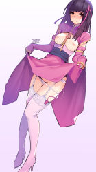 Rule 34 | 1girl, blush, breastless clothes, breasts, breasts out, clothes lift, dress, dress lift, garter belt, gradient background, highres, hitomi o, long hair, looking at viewer, nipples, panties, purple hair, pussy juice, red eyes, revealing clothes, sex toy, solo, thighhighs, underwear, vibrator