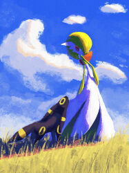 Rule 34 | 1girl, absurdres, blue sky, bob cut, cloud, colored skin, creatures (company), day, female focus, full body, game freak, gardevoir, gen 2 pokemon, gen 3 pokemon, grass, green hair, green skin, hair over one eye, highres, looking at another, looking back, looking down, maemuki, multicolored skin, nintendo, one eye covered, outdoors, pokemon, pokemon (creature), red eyes, short hair, sky, standing, two-tone skin, umbreon, white skin