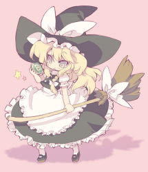 Rule 34 | 1girl, apron, bad id, bad pixiv id, blade (galaxist), blonde hair, bow, braid, broom, female focus, gameplay mechanics, hair bow, hat, kirisame marisa, long hair, power-up, side braid, simple background, solo, standing, star (symbol), touhou, waist apron, witch, witch hat, yellow eyes