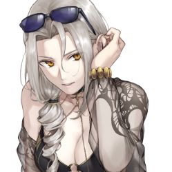 Rule 34 | 1girl, bare shoulders, bikini, black bikini, bracelet, breasts, carmilla (fate), carmilla (swimsuit rider) (fate), carmilla (swimsuit rider) (third ascension) (fate), chain, choker, cleavage, curly hair, eyewear on head, fate/grand order, fate (series), forehead, grey hair, hair over shoulder, jewelry, kouzuki kei, long hair, looking at viewer, o-ring, parted bangs, parted lips, see-through, side ponytail, simple background, sunglasses, swimsuit, white background, yellow eyes
