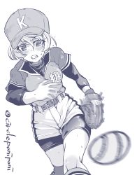 Rule 34 | 1girl, absurdres, baseball cap, baseball glove, belt, bike shorts, bike shorts under shorts, commentary request, frown, girls und panzer, greyscale, grimace, hat, highres, inoue yoshihisa, layered sleeves, long sleeves, looking at viewer, monochrome, motion blur, partial commentary, purple theme, shirt, short hair, short over long sleeves, short sleeves, shorts, socks, softball, softball uniform, solo, sportswear, standing, sweat, thigh gap, twitter username, youko (girls und panzer)