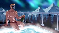 Rule 34 | 1boy, abs, absurdres, aurora, bara, blonde hair, bottle, bulge, cup, drinking glass, feet out of frame, hand on floor, highres, indie virtual youtuber, large pectorals, looking to the side, male focus, male swimwear, mask, masked himbo (silvyspark), mondoart, mountainous horizon, muscular, muscular male, navel, night, night sky, nipples, pectorals, poolside, red male swimwear, second-party source, short hair, sitting, sky, soaking feet, solo, stomach, swim briefs, thick thighs, thighs, topless male, virtual youtuber, wine bottle, wine glass