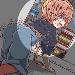Rule 34 | 1girl, all fours, belt, black sleeves, blue eyes, blue overalls, braid, brown hair, can, caught, crown braid, fate/grand order, fate (series), food, hand on floor, light, looking back, open mouth, orange headwear, overalls, puffy sleeves, scared, shimogamo (shimomo 12), side braid, solo, striped clothes, striped headwear, sweat, van gogh (fate)