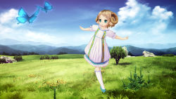 Rule 34 | 1girl, 3d, blonde hair, blue eyes, blue footwear, blue sky, bug, butterfly, cloud, cloudy sky, dress, female focus, field, flower, full body, grass, horns, insect, kani hira, kanihira, kneehighs, monster girl, mountain, open mouth, original, outdoors, outstretched arms, plant, pointy ears, puffy short sleeves, puffy sleeves, sheep girl, shoes, short hair, short sleeves, sky, socks, solo, standing, standing on one leg, white dress, white socks
