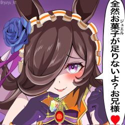 Rule 34 | animal ears, black hair, blush, commentary request, gem, gloves, hair over one eye, highres, horse ears, horse girl, long hair, looking at viewer, naughty face, official alternate costume, portrait, purple eyes, ribbon, rice shower (make up vampire!) (umamusume), rice shower (umamusume), ryuryu mt, simple background, solo, tongue, tongue out, translation request, twitter username, umamusume
