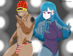 Rule 34 | 1boy, 1girl, absurdres, american flag, american flag print, american flag swimsuit, android, blue hair, breasts, crossover, cyberpunk, dark skin, flag print, highres, indioweeaboo, kira miki, large breasts, long hair, male swimwear, multicolored clothes, multicolored male swimwear, multicolored swim briefs, multicolored swimsuit, pink eyes, pointing, print male swimwear, print swim briefs, print swimsuit, ricardo milos, self-upload, smile, swim trunks, swimsuit, thick thighs, thighs, va-11 hall-a