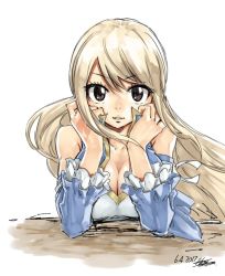 Rule 34 | 1girl, blonde hair, breasts, cleavage, dated, fairy tail, female focus, hair between eyes, large breasts, long hair, looking at viewer, lucy heartfilia, mashima hiro, official art, simple background, solo, white background