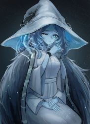 Rule 34 | 1girl, alternate breast size, blue eyes, blue hair, blue skin, cape, cloak, coat, colored skin, cracked skin, dress, elden ring, extra arms, fur cloak, fur coat, hand on hand, hands up, hat, highres, long hair, long sleeves, one eye closed, own hands clasped, own hands together, ranni the witch, shino duka, smile, solo, spoilers, witch, witch hat