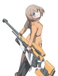 Rule 34 | 1girl, absurdres, black footwear, blue eyes, boots, brown hair, brown jacket, closed mouth, collared shirt, commentary request, cross-laced footwear, from behind, gun, hair between eyes, highres, holding, holding gun, holding weapon, jacket, lace-up boots, long sleeves, looking at viewer, looking back, original, ribbon-trimmed sleeves, ribbon trim, rivun, shirt, simple background, sleeves past wrists, smile, solo, thigh boots, weapon, weapon behind back, weapon request, white background, white shirt