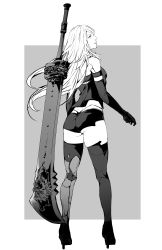 Rule 34 | 1girl, a2 (nier:automata), absurdres, armband, ass, bare shoulders, black gloves, black shirt, black shorts, black thighhighs, border, breasts, elbow gloves, from behind, full body, gloves, grey background, greyscale, high heels, highres, long hair, looking back, medium breasts, midriff, monochrome, nier:automata, nier (series), nishiii26miii, shirt, shorts, solo, sword, thighhighs, thong, weapon, weapon on back, white hair