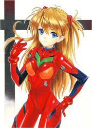 Rule 34 | 1girl, blue eyes, bodysuit, bracer, breasts, brown hair, cowboy shot, gloves, hair between eyes, hair flip, hair ornament, hand on own thigh, light smile, long hair, looking at viewer, nami pontax, neon genesis evangelion, pilot suit, plugsuit, shiny clothes, skinny, small breasts, smile, solo, souryuu asuka langley, traditional media, turtleneck, two side up, very long hair
