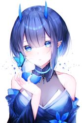 Rule 34 | 1girl, bare shoulders, blue butterfly, blue eyes, blue flower, blue hair, blue horns, bug, butterfly, detached sleeves, flower, hair between eyes, horns, insect, long sleeves, noyu (noyu23386566), original, parted lips, pointy ears, solo, white hair