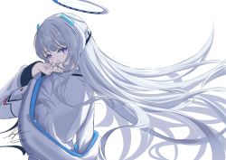 Rule 34 | 1girl, absurdres, blue archive, breasts, formal, from behind, grey hair, halo, hand in own hair, headphones, highres, jacket, long hair, looking at viewer, looking back, mechanical halo, noa (blue archive), open clothes, open jacket, purple eyes, simple background, solo, suit, unitaka, white background, white jacket, white suit