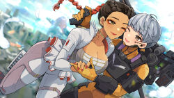 Rule 34 | 2girls, absurdres, animification, apex legends, armor, blurry, blurry background, braid, breastplate, breasts, brown eyes, cheek-to-cheek, cleavage, collarbone, couple, cropped jacket, dark-skinned female, dark skin, eyeshadow, feathers, gloves, grey hair, grey jacket, grey shirt, hair behind ear, heads together, highres, holding hands, jacket, jetpack, leaning forward, loba (apex legends), long hair, looking to the side, makeup, medium breasts, miniskirt, multicolored hair, multiple girls, olympus (apex legends), one eye closed, open mouth, orange gloves, outdoors, pants, red eyeshadow, red gloves, red hair, shirt, short hair, skirt, smile, strapless, strapless shirt, twin braids, two-tone hair, valkyrie (apex legends), wano (azayakam), white pants, white skirt, yuri