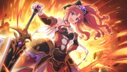 Rule 34 | 1girl, akino (princess connect!), armor, backlighting, greatsword, hand on own hip, holding, holding sword, holding weapon, long hair, official art, princess connect!, purple eyes, red hair, sword, weapon