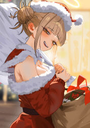 1girl absurdres blonde_hair blunt_bangs boku_no_hero_academia box breasts capelet cleavage commentary dress english_commentary from_side fur-trimmed_capelet fur-trimmed_dress fur-trimmed_headwear fur_trim gift gift_box hair_bun hat highres holding holding_sack indoors looking_at_viewer medium_breasts messy_hair off-shoulder_dress off_shoulder red_capelet red_dress sack santa_capelet santa_dress santa_hat smile solo toga_himiko yellow_eyes zd_(pixiv6210083)