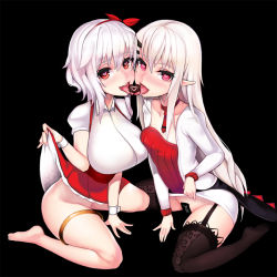 Rule 34 | 2girls, asymmetrical docking, bad id, bad pixiv id, barefoot, black background, breast press, breasts, candy, chocolate, chocolate heart, clothes lift, dress, dress lift, food, full body, garter straps, grimgrim, groin, heart, heart-shaped pupils, large breasts, long hair, looking at viewer, maebari, multiple girls, naughty face, no panties, open mouth, original, pointy ears, red eyes, ribbon, short hair, silver hair, simple background, sitting, symbol-shaped pupils, thighhighs, tongue, tongue out, yuri